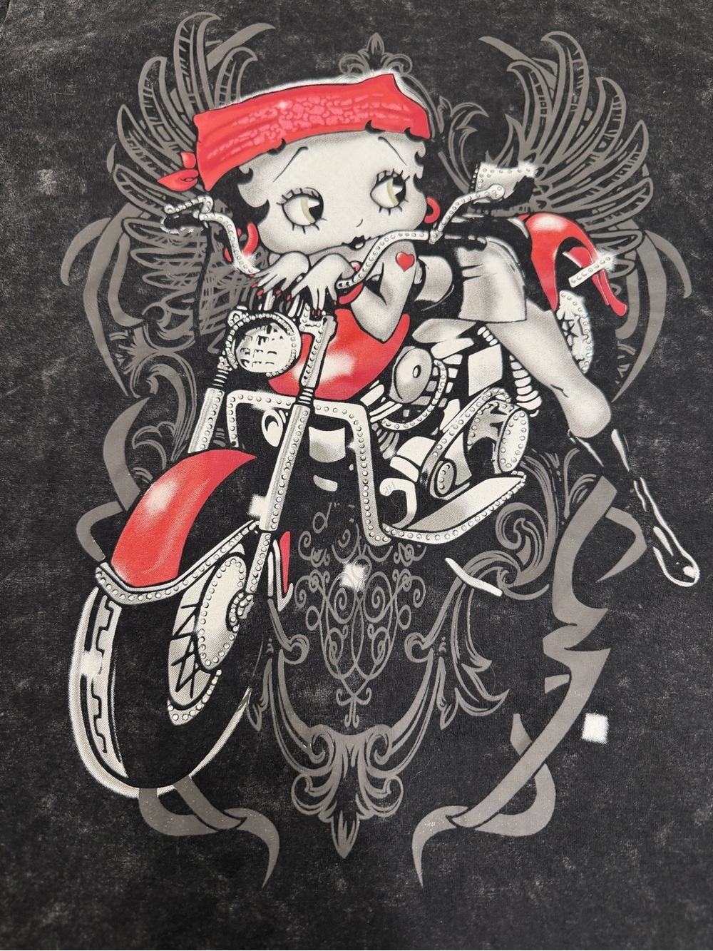 Betty Boop Motorcycle Graphic T Shirt Womens XL Black Acid Wash Rhinestone Biker